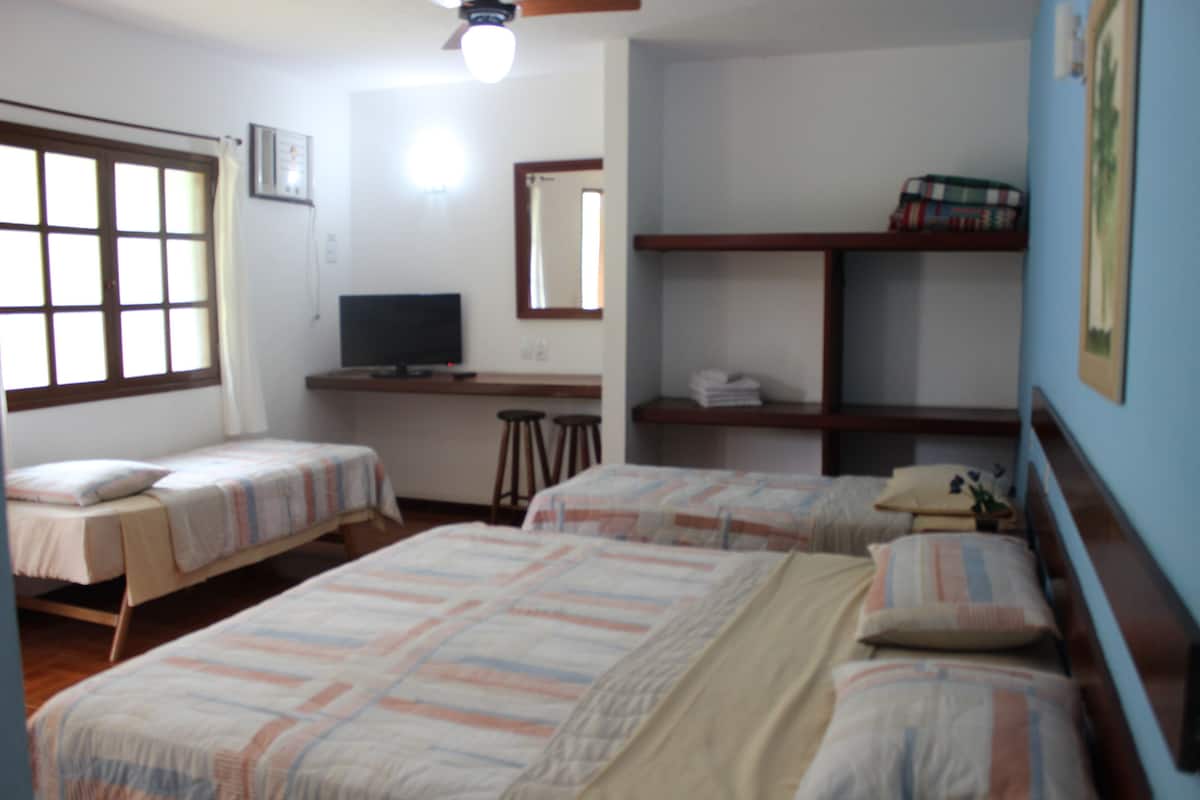 A bedroom with two beds, a desk, a chair, a television, and a shelf with books.