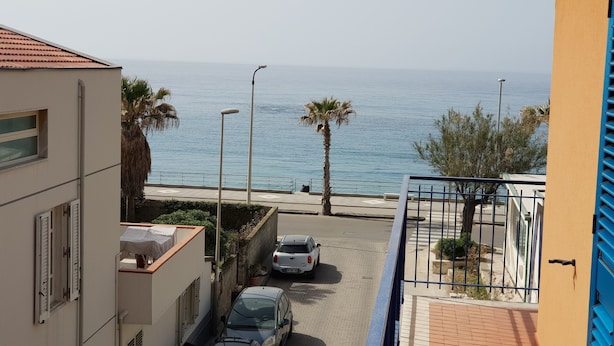 A coastal street with parked cars, a palm tree, and a view of the sea.