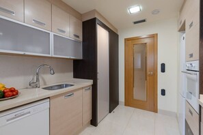 A modern kitchen with a built-in dishwasher, a sink, and a wooden door leading to another room.