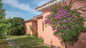 Un edificio con un camino de piedra, un árbol con flores moradas y un cielo despejado.