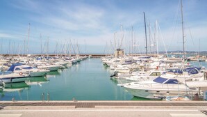 A marina with numerous sailboats docked in calm waters, a clear sky, and a distant cityscape.