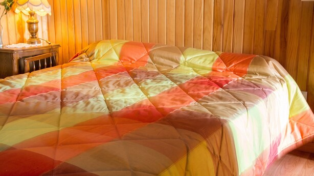 A bed with a colorful quilt, a bedside table with a lamp, and wooden paneling on the wall. - Homerez - House in Orsanco (Orsanco)