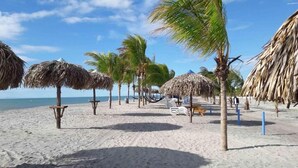 A beach with thatched umbrellas, palm trees, and a zebra-striped lounge chair. - Apartamento en Playa Blanca Town Center (Rio Hato)