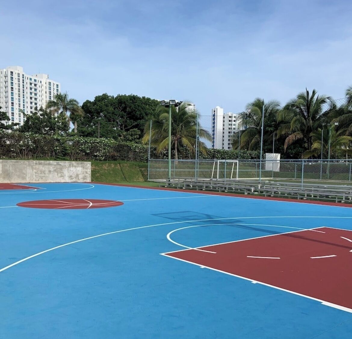 Een basketbalveld buiten met blauwe en rode markeringen, omringd door een hek en palmbomen.