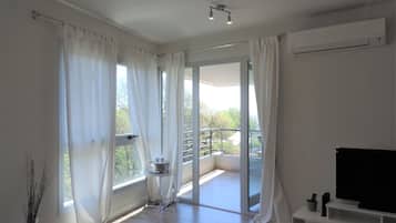 Departamento Deluxe, 1 cama Queen size y sofá cama, para no fumadores, baño privado | Área de sala de estar | Televisión LCD, Netflix y películas con cargo