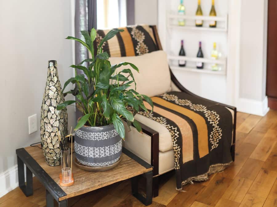 Un salón con sofá, una mesita auxiliar con una planta y una estantería con diversos objetos.