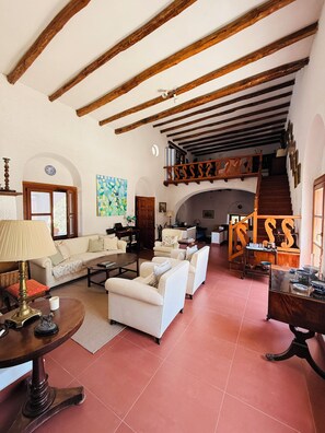 Smart TV, chimenea, libros, estéreo