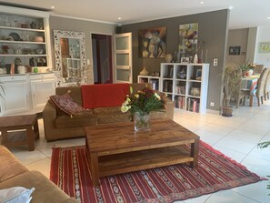 Télévision, lecteur de DVD, table de tennis de table, livres