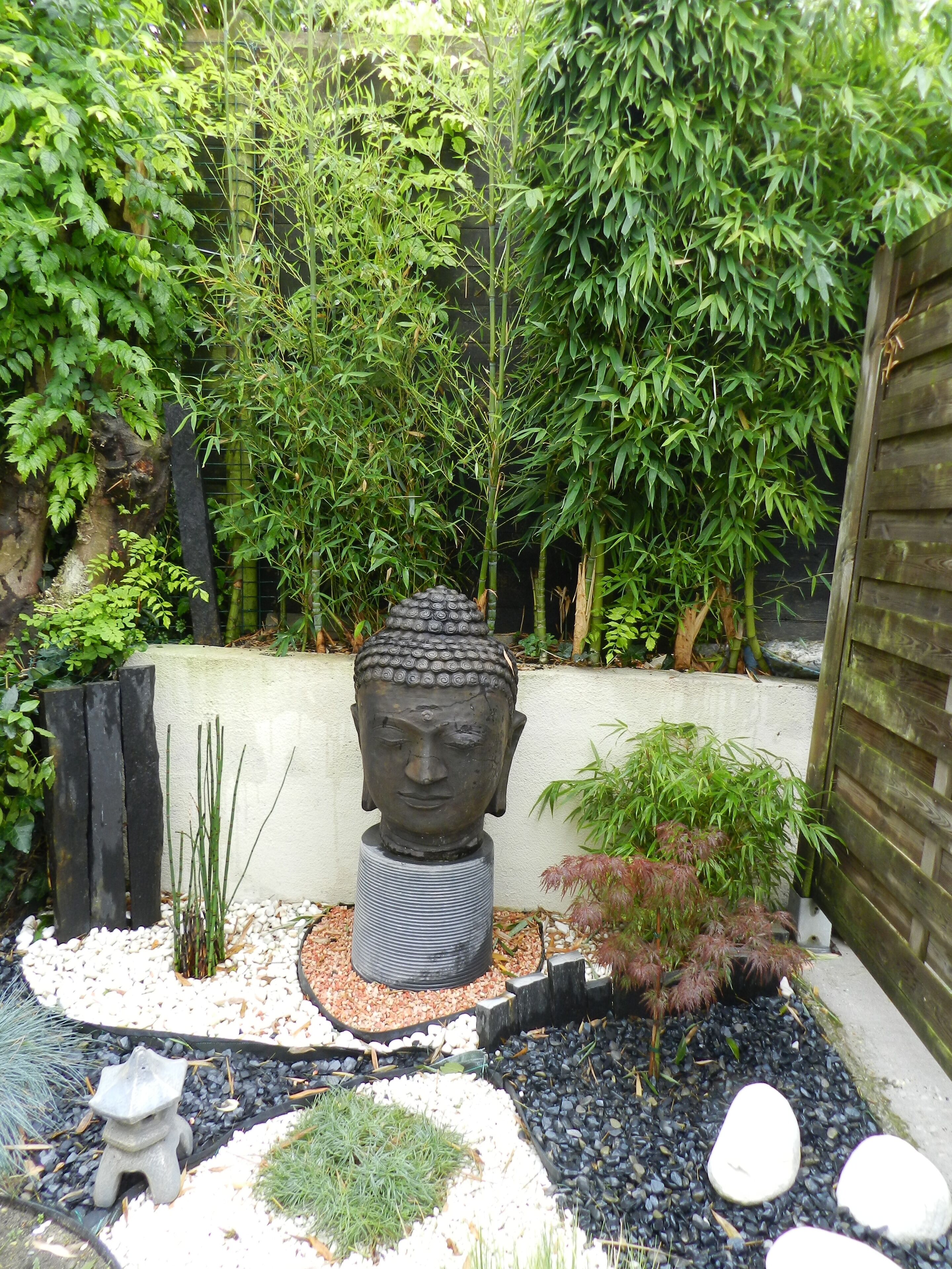 A garden with a Buddha statue, surrounded by bamboo, ferns, and a stone lantern.