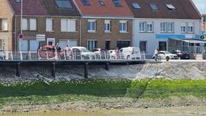 Reihenhäuser mit Satteldächern, eine Fußgängerbrücke und ein Flussufer.