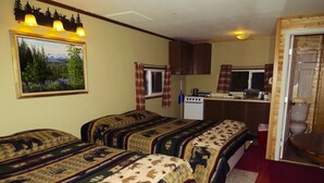 Una habitación acogedora con dos camas, una kitchenette pequeña y un baño.