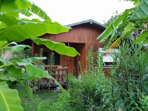 A wooden building with a porch, surrounded by lush greenery and banana plants. - Estelar Bungalow (Kemer)