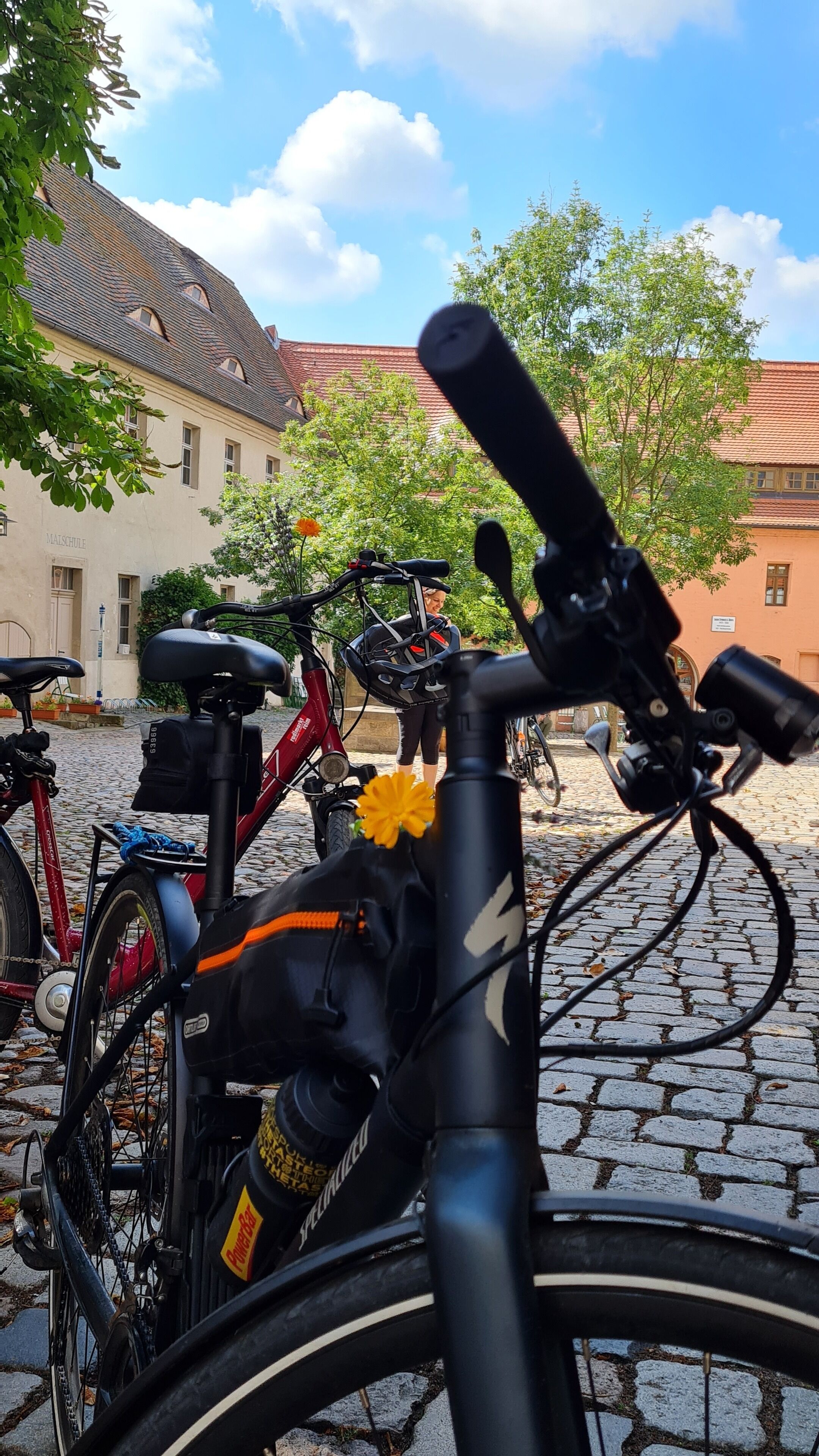Uma bicicleta com uma flor no guidão, estacionada em uma rua de paralelepípedos com edifícios ao fundo.