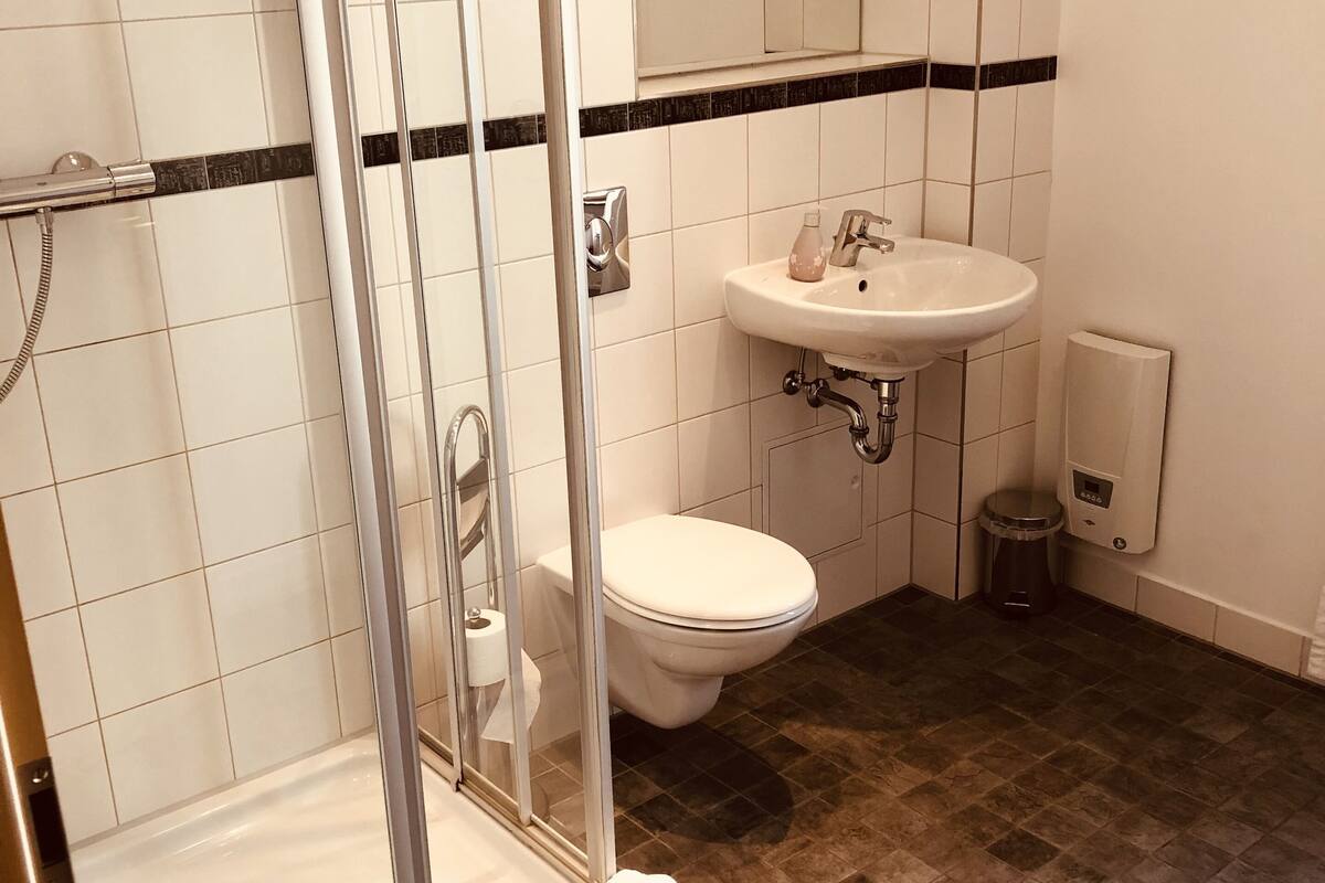 classic double room | bathroom | shower, free toiletries, towels