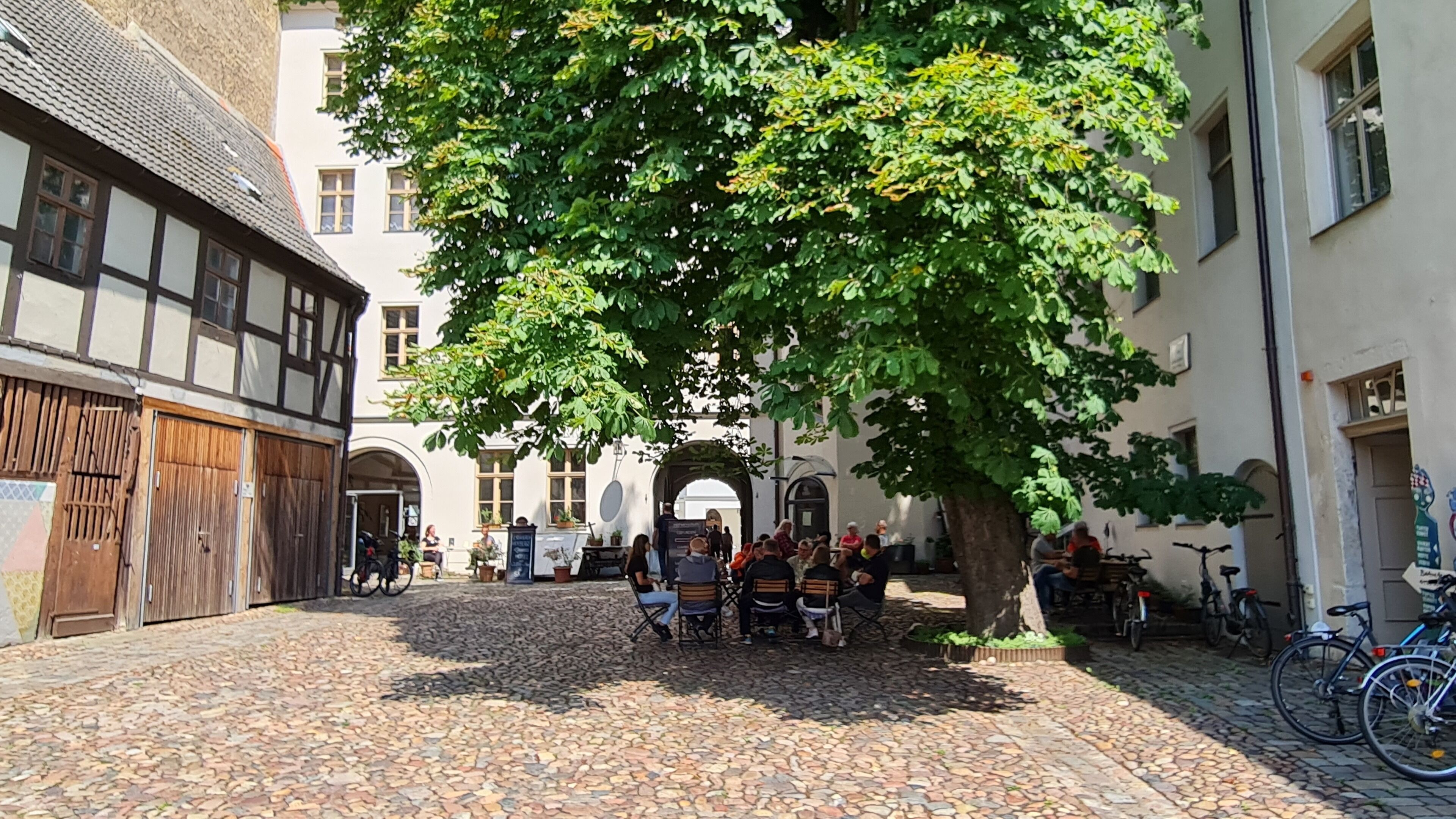 A cobblestone courtyard with a large tree, outdoor seating, and traditional architecture.