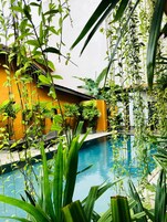 Una piscina al aire libre, tumbonas