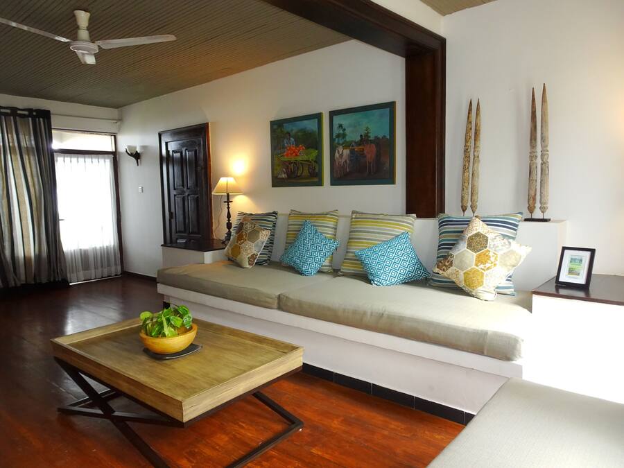 A living room with a sofa, a coffee table with a plant, a ceiling fan, and two paintings on the wall.