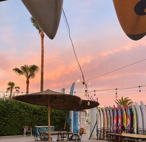 A beachside restaurant with outdoor seating, palm trees, and surfboards. - Yousurf Surf House (Essaouira)