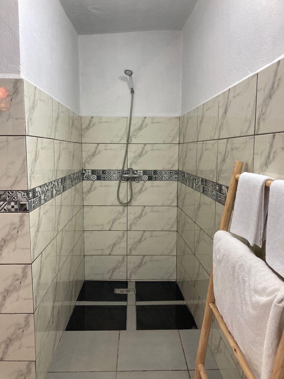 Ducha, cabezal de ducha tipo lluvia, toallas, papel higiénico
