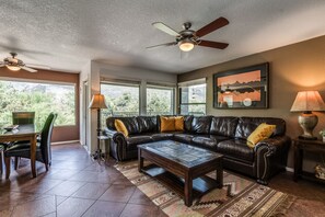 Smart TV, fireplace, DVD player, books