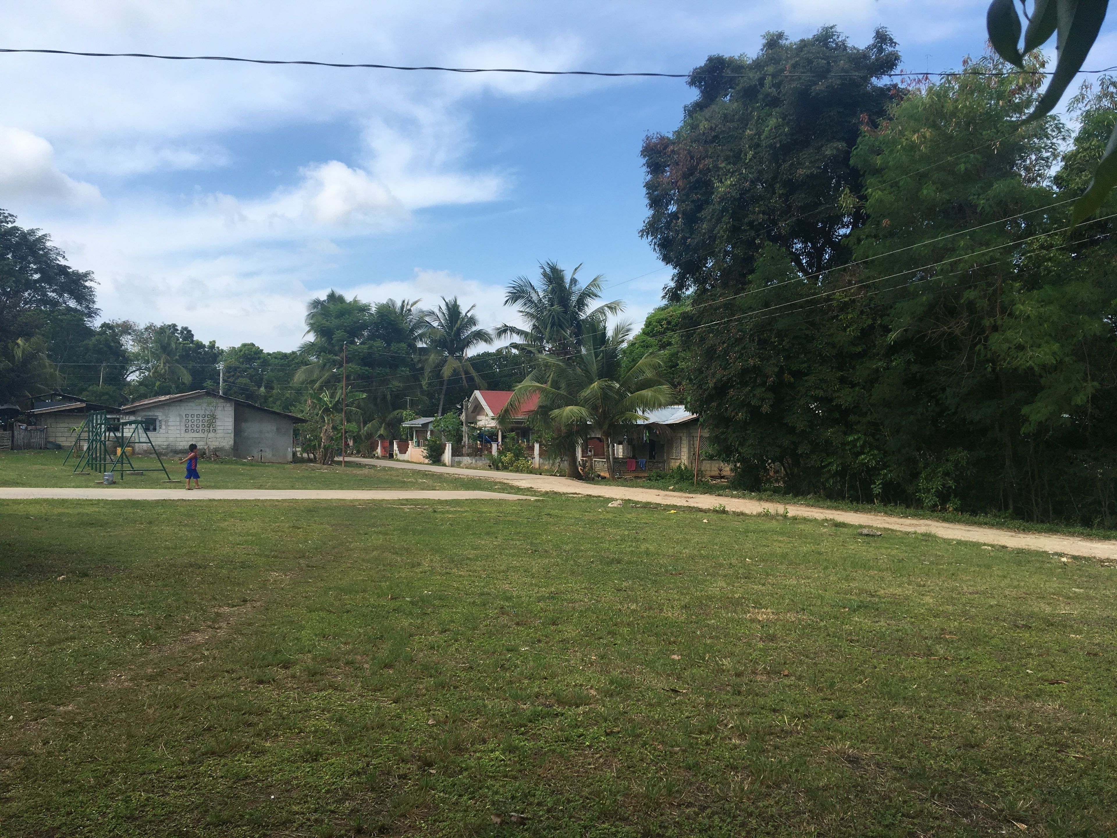 Uma área gramada com um parquinho e casas ao fundo.