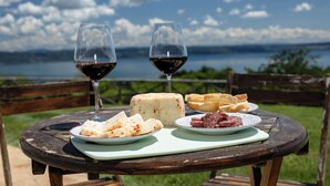 Une table dressée à l’extérieur, avec du fromage, de la charcuterie et des verres à vin, offrant une vue sur un lac.