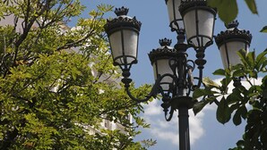 A street lamp with ornate designs and crowns on top, surrounded by lush green foliage. - Angel Square (Madrid)