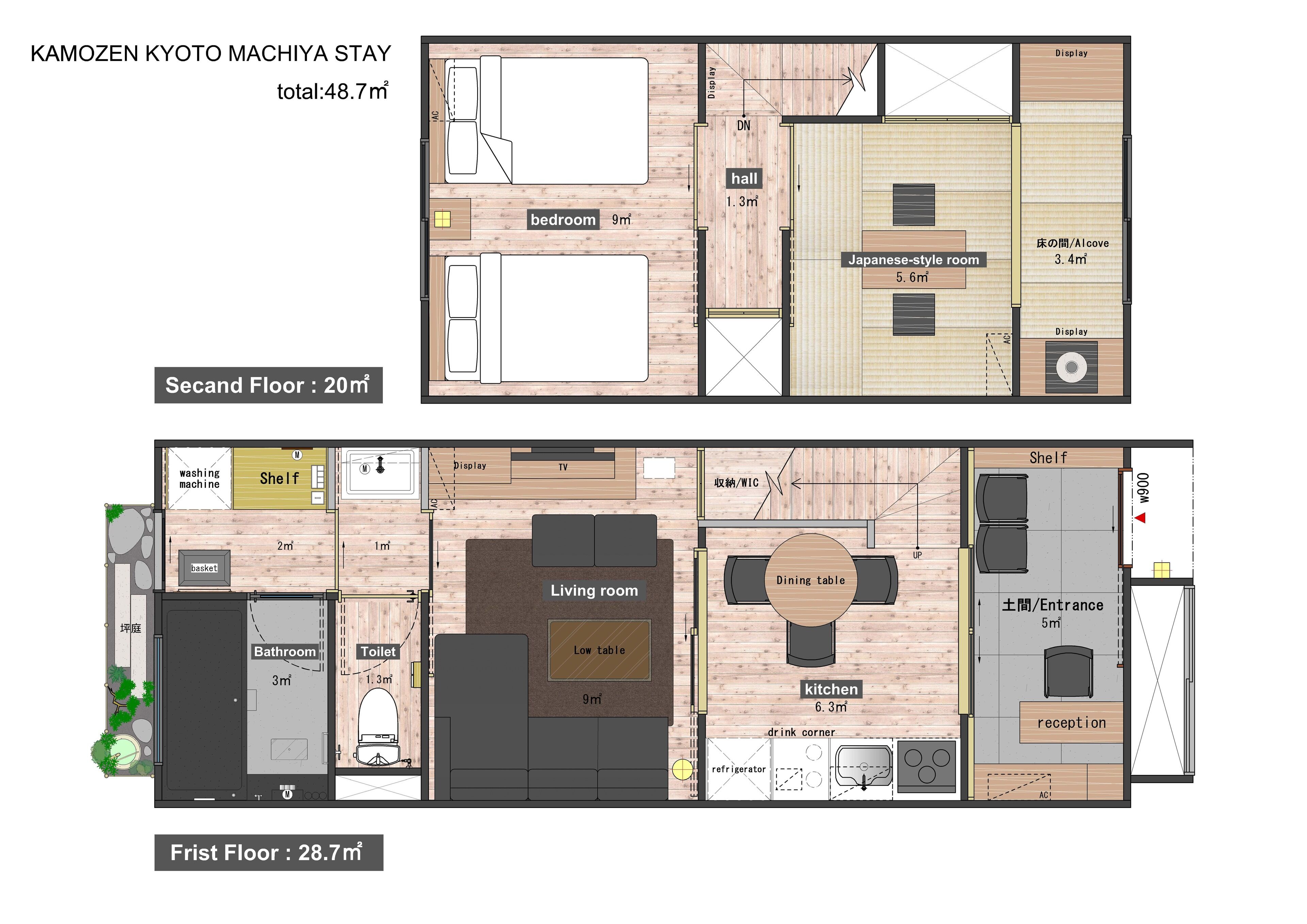Indeling van de tweede verdieping met slaapkamer, woonkamer, eettafel en keuken. De eerste verdieping omvat een badkamer, toilet en receptie.