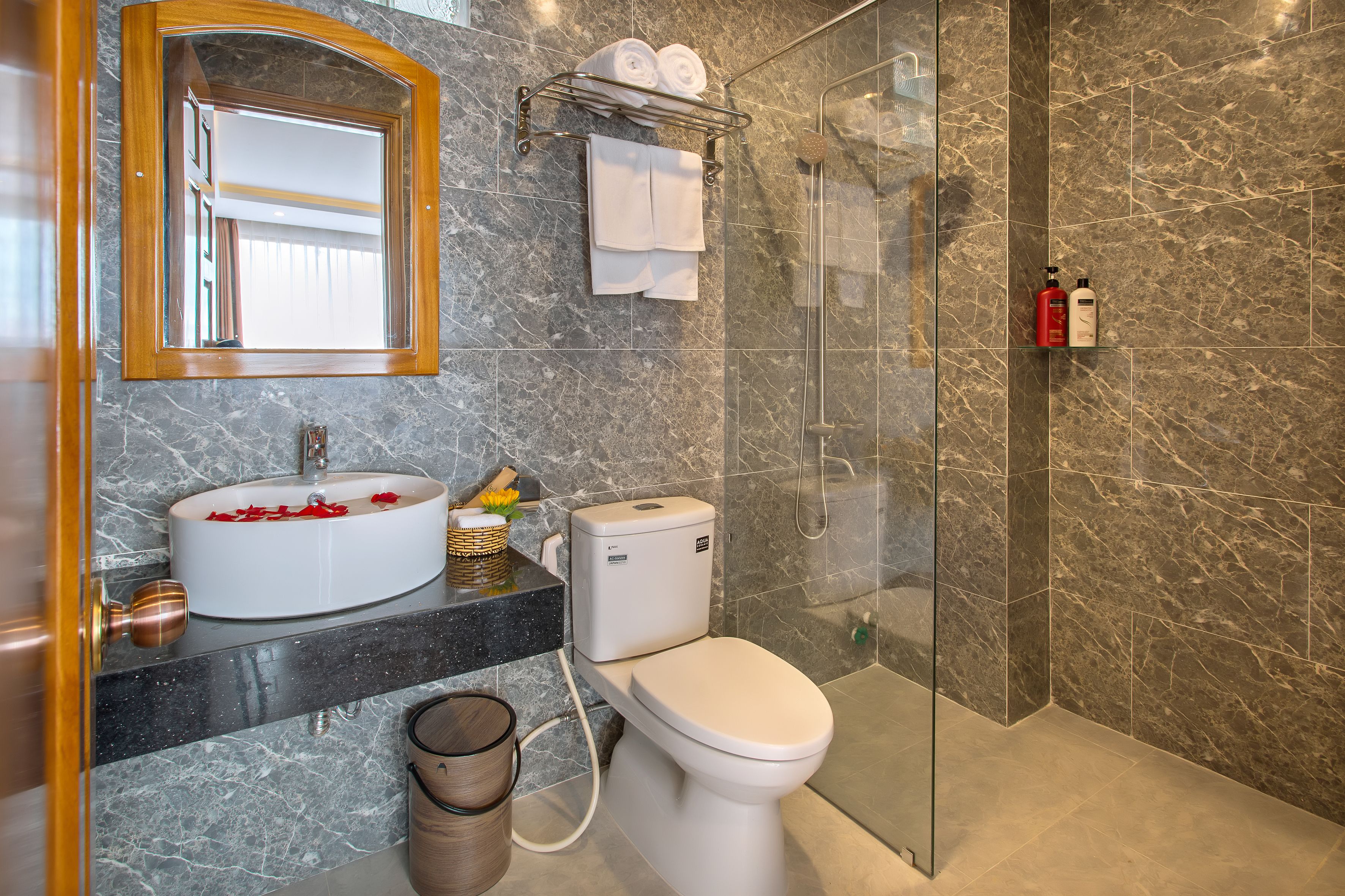 shower, free toiletries, hair dryer, slippers