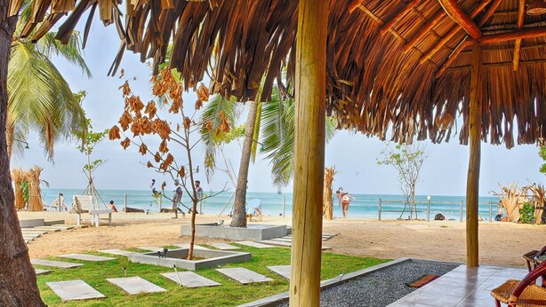 A beachside area with a thatched roof structure, palm trees, and a clear view of the ocean. - Royal Beach Arugambay (Arugam Bay)