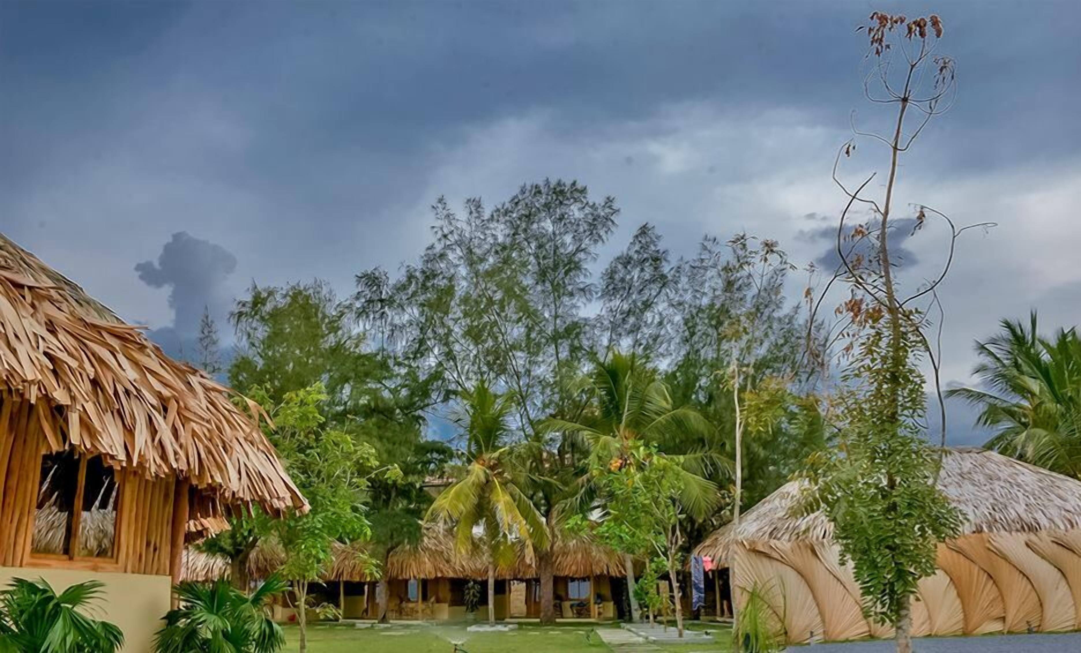 A tropical resort with thatched-roof huts, palm trees, and a clear sky.