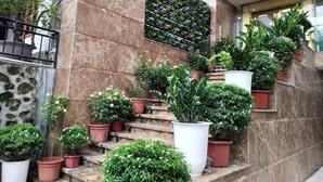 A modern building with a stone facade, a staircase with potted plants, and a glass railing.