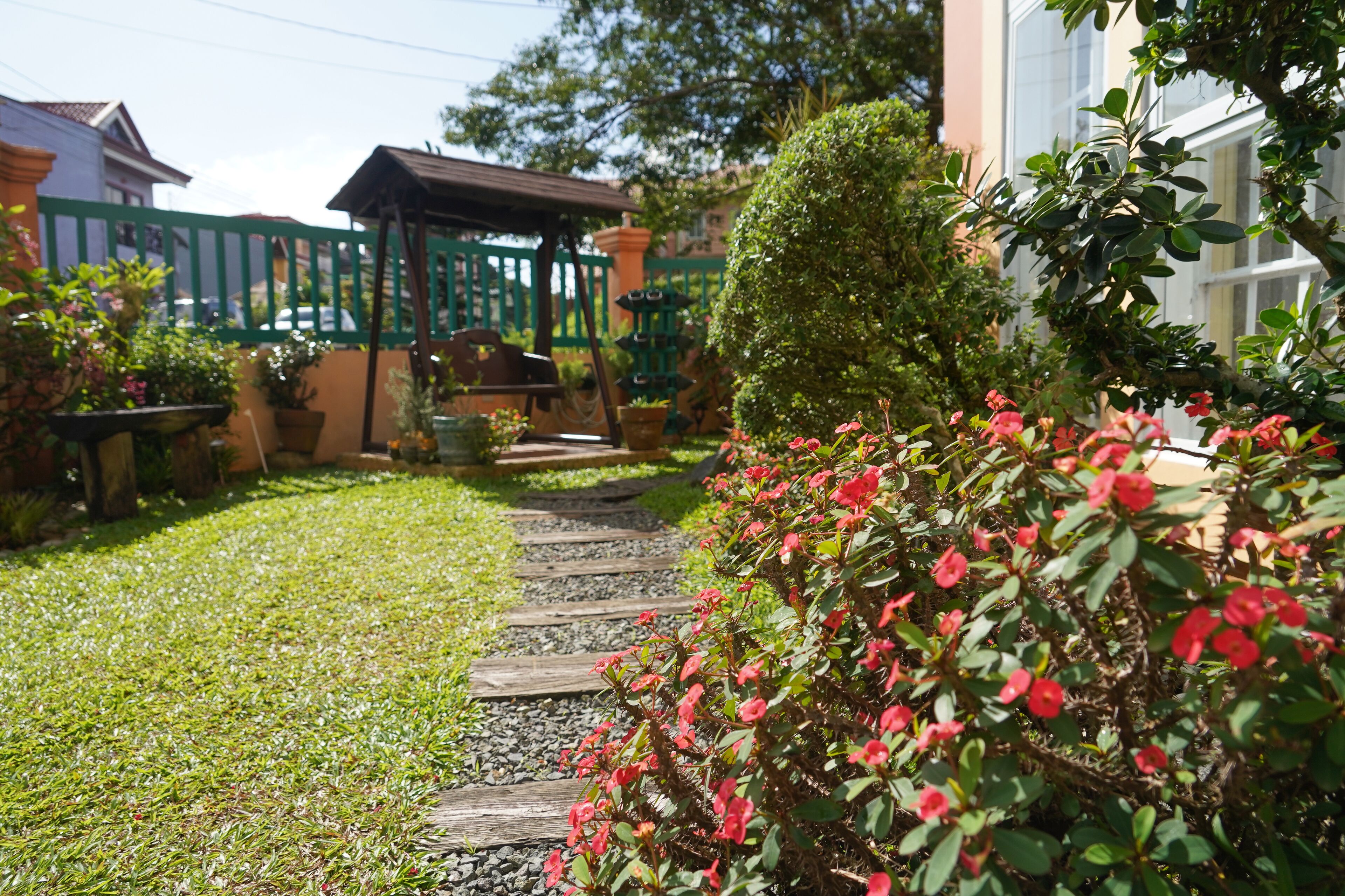 Un camí al jardí que porta a una casa amb tanca verda i plantes en testos.
