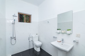 Shower, free toiletries, towels