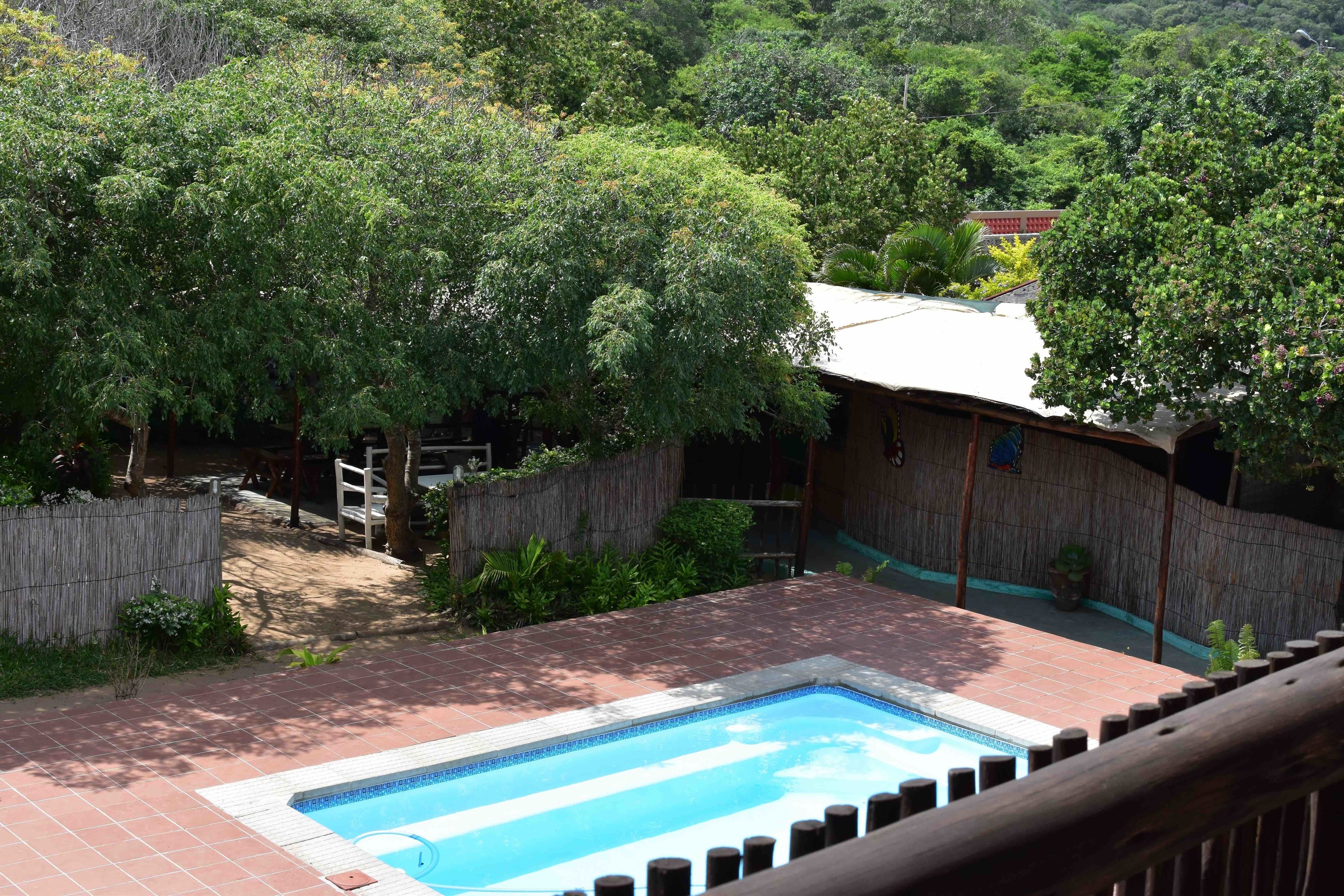 A rectangular swimming pool with a tiled deck, surrounded by a wooden fence and lush greenery.