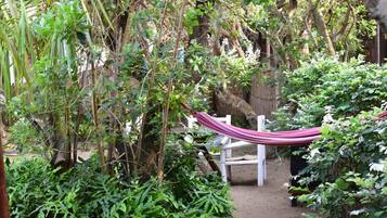 Un jardin avec un hamac, une chaise blanche et un feuillage luxuriant.