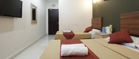 Habitación de hotel con dos camas, un televisor, un espejo y una puerta.
