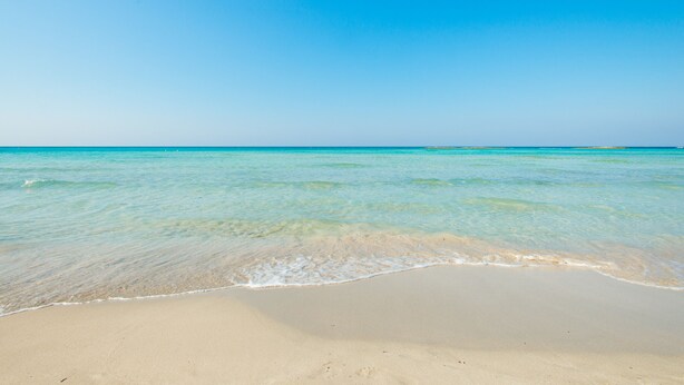 Una playa con agua turquesa cristalina y una orilla arenosa.