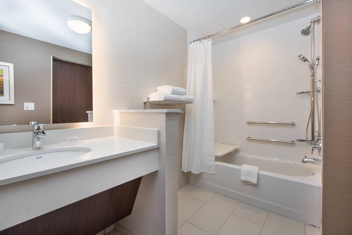 Hair dryer, towels, soap, shampoo