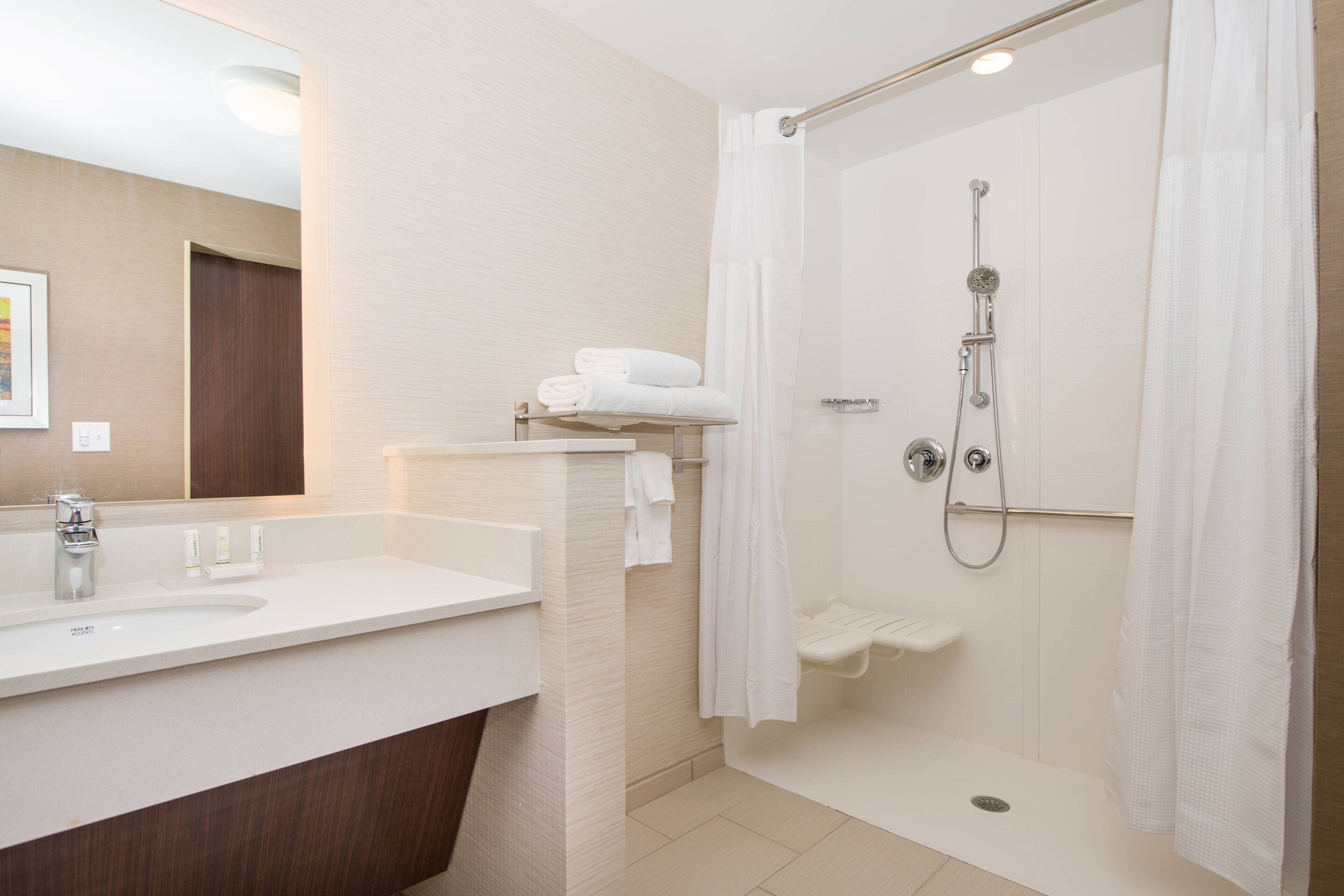 hair dryer, towels, soap, shampoo