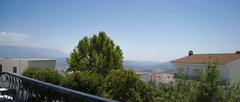 A balcony with a view of a town, including buildings and trees.