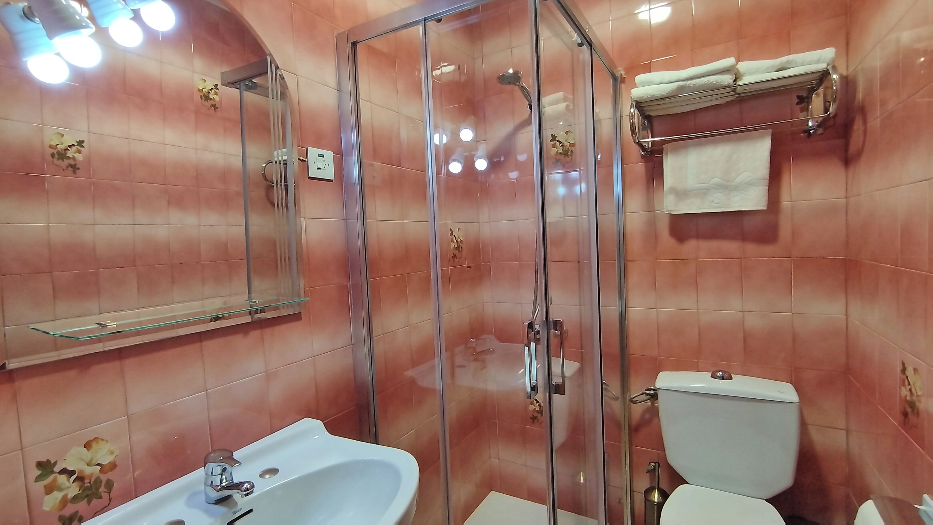 A bathroom with a glass-enclosed shower, a sink, and a toilet.