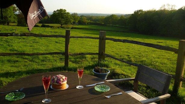 A wooden table with a cake, two glasses, and a bowl on a deck with a view of a green field and a wooden fence. - Moaps Farm Bed and Breakfast (Haywards Heath)