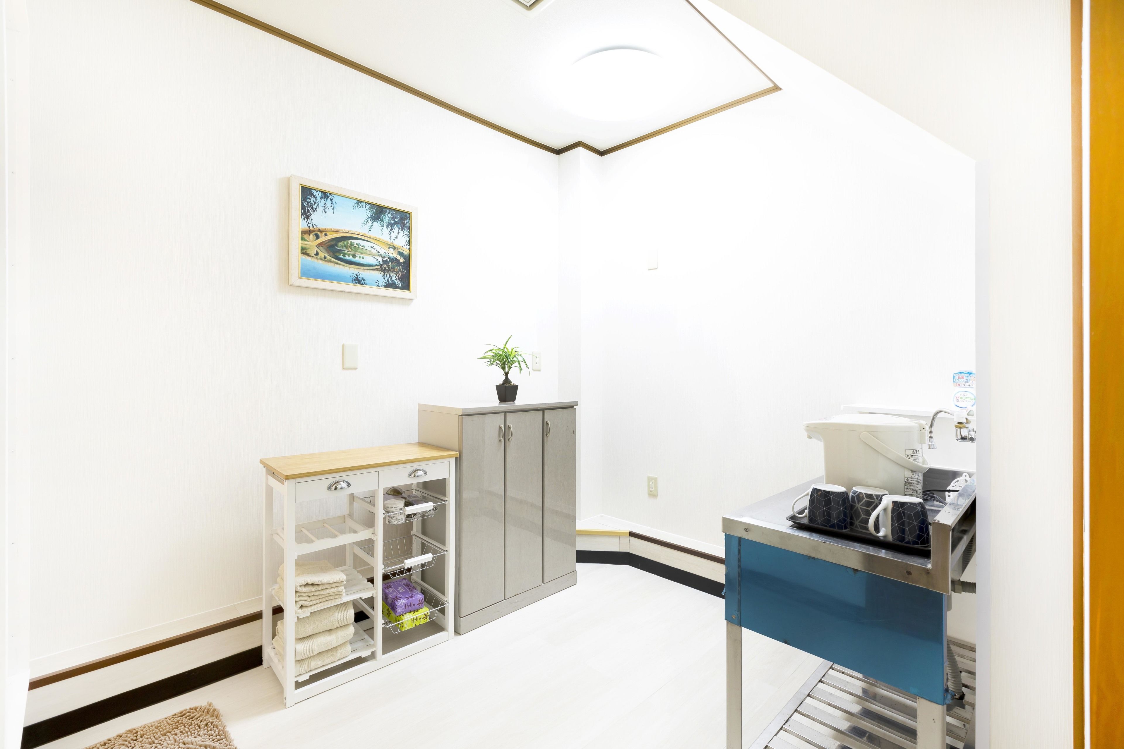 A clean, modern bathroom with a white sink, a cabinet with shelves, a small plant, and a framed picture on the wall.
