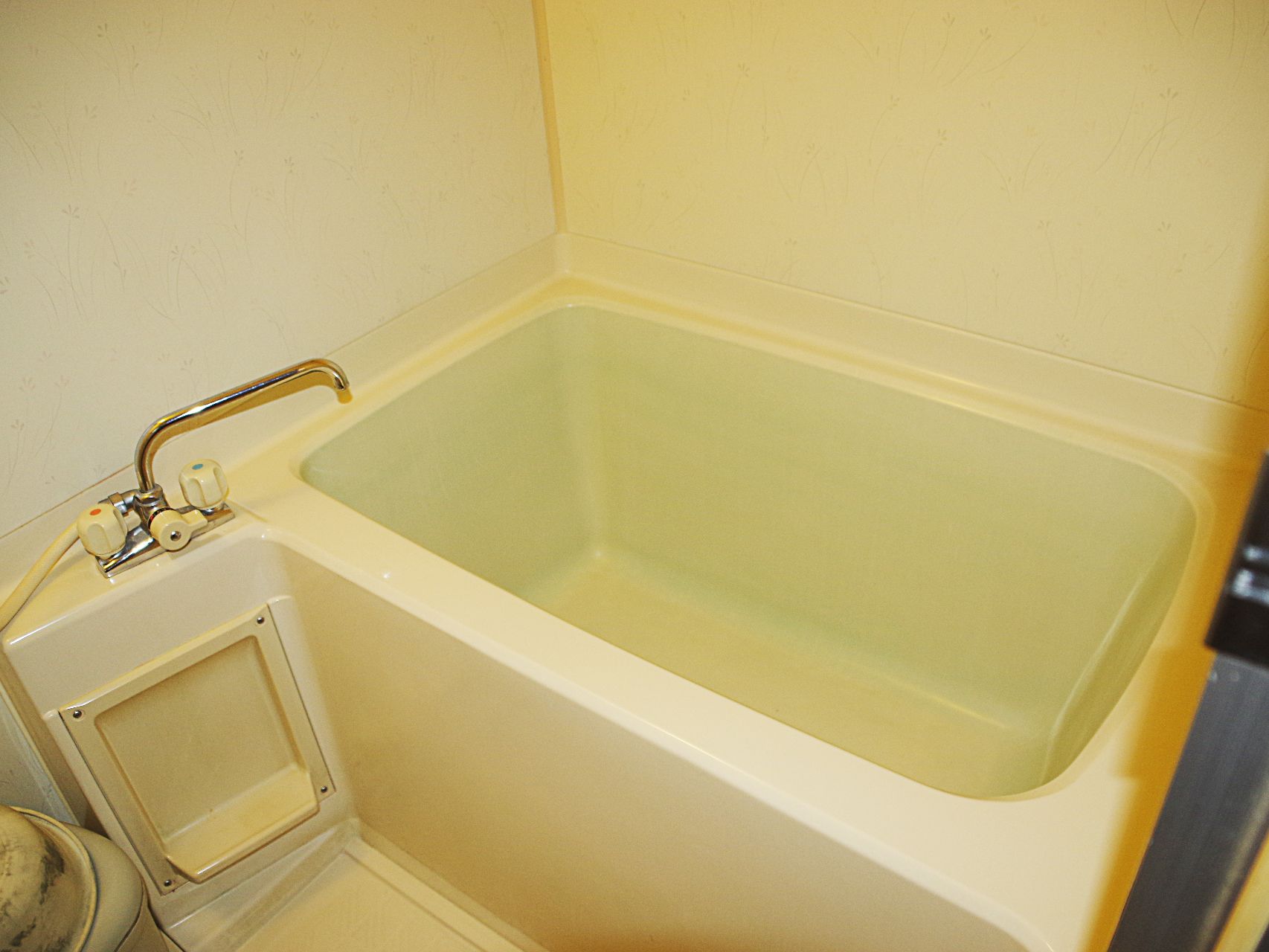 A small, single-person bathtub with a faucet and a control knob.