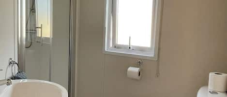 A bathroom with a shower, sink, toilet, and a window.