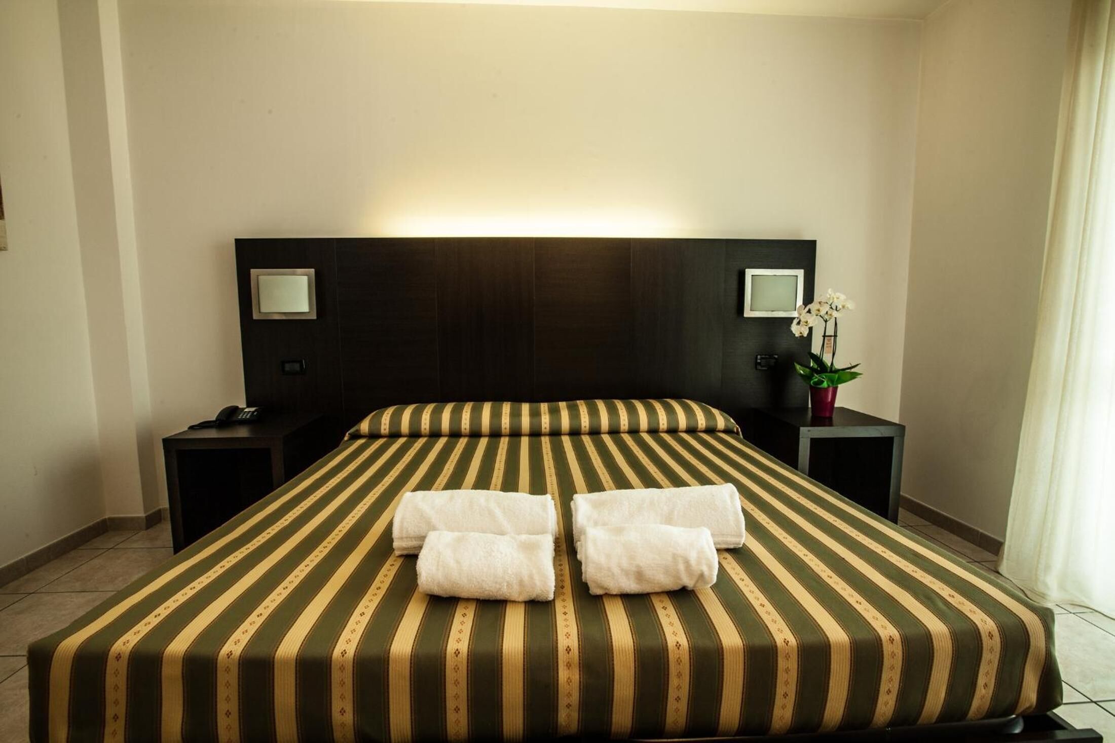A hotel room with a large bed, two bedside tables, a nightstand, and a potted plant.