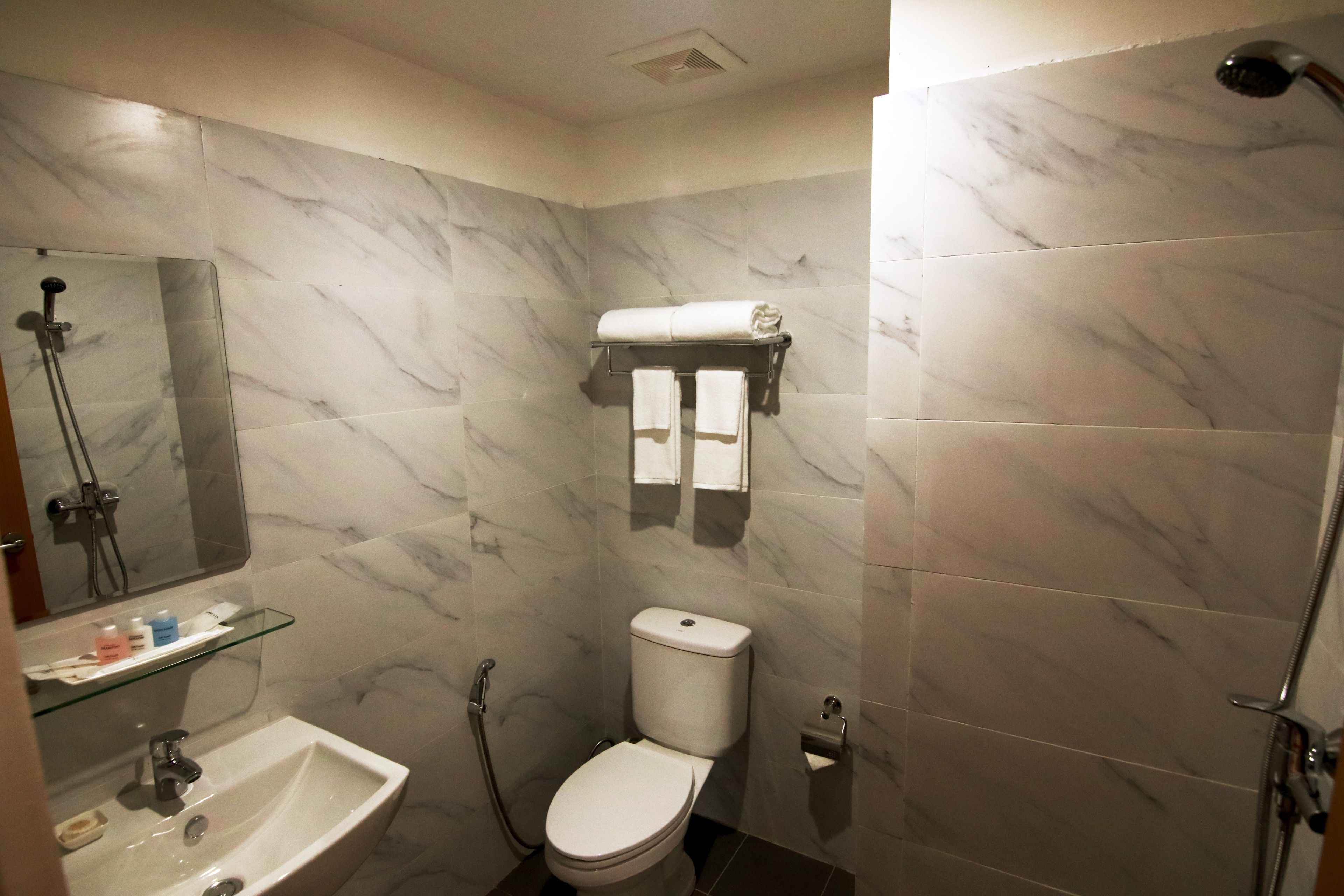 deluxe room | bathroom | shower, free toiletries, hair dryer, slippers