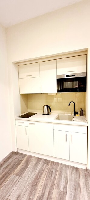 Apartamento standard, cozinha americana | Cozinha privada | Geladeira, cooktop, chaleira elétrica