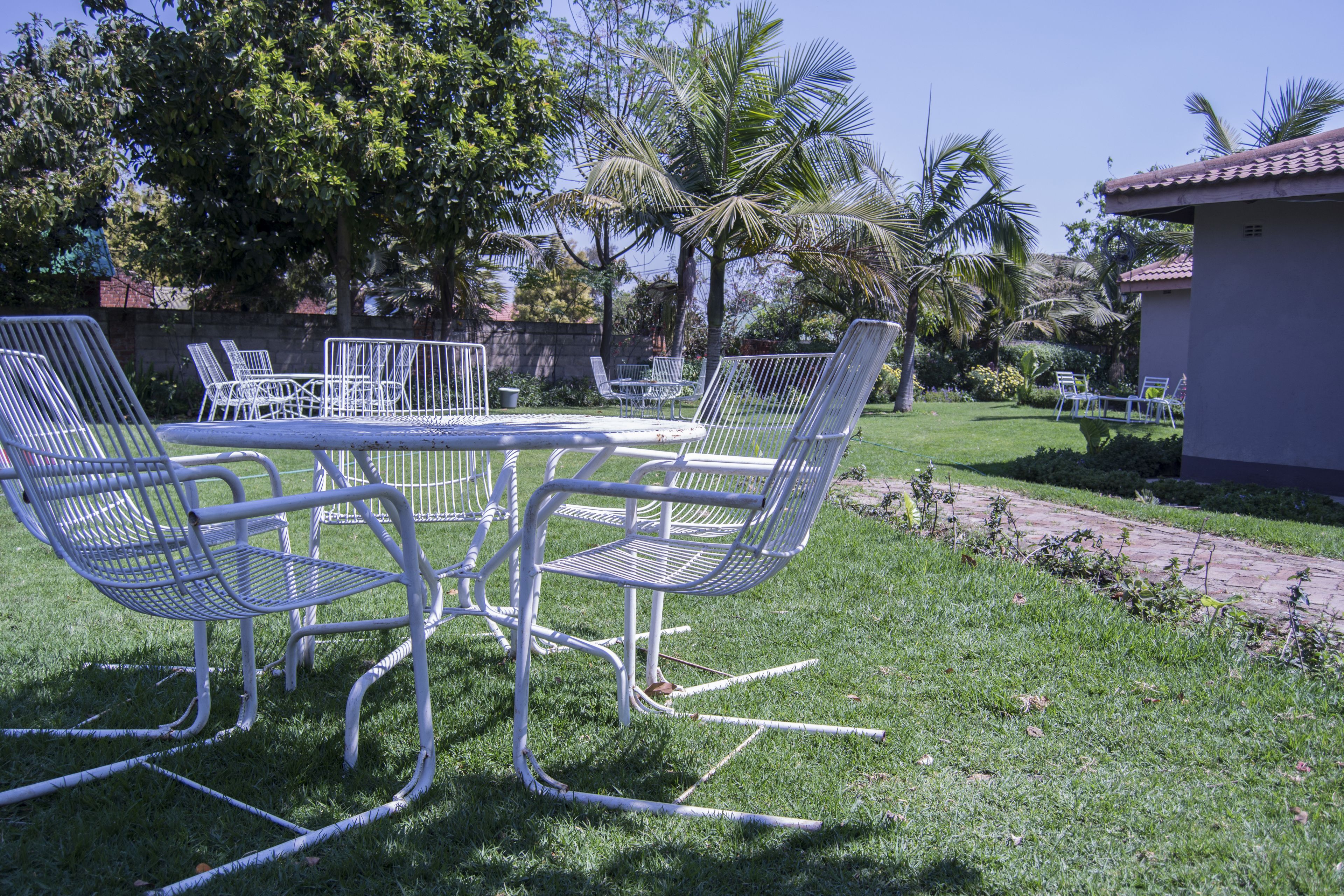 A patio with a round table and four chairs, surrounded by a grassy area with palm trees and a brick path.